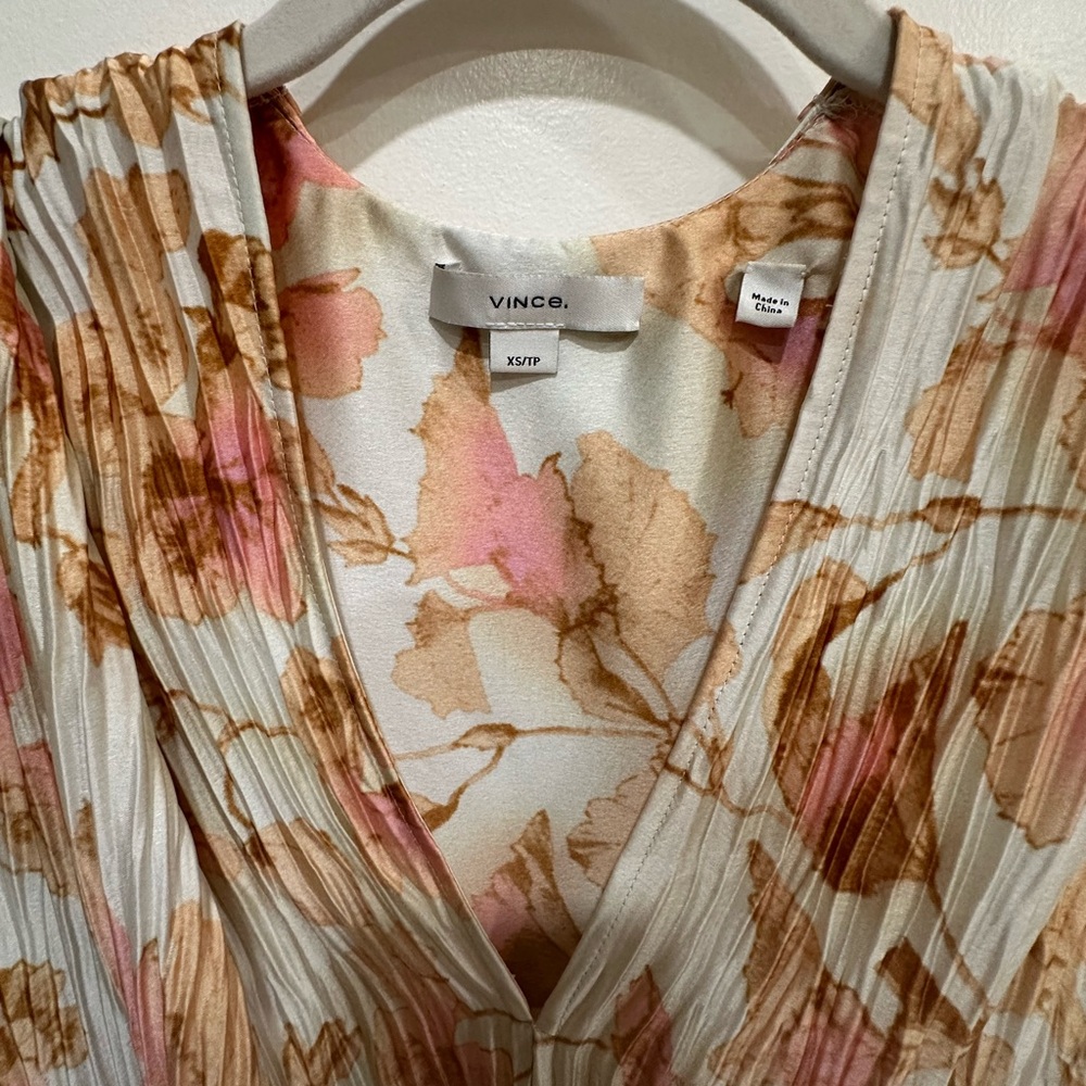 Vince Floral Pleated Dress in Pink and Brown